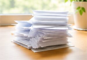 書類がたくさん積みあげられている